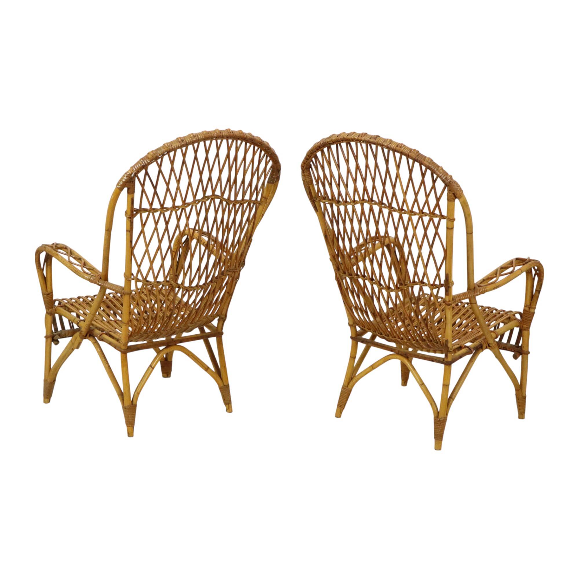 Vintage Set Rattan Chairs Armchairs Table Boho Design Sixties