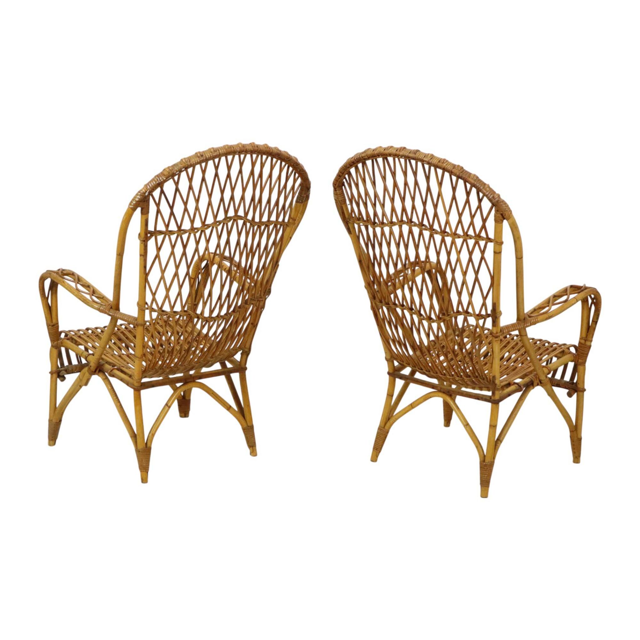 Vintage Set Rattan Chairs Armchairs Table Boho Design Sixties
