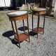 Pair of Louis XVI style bedside tables in mahogany, with marble tops.