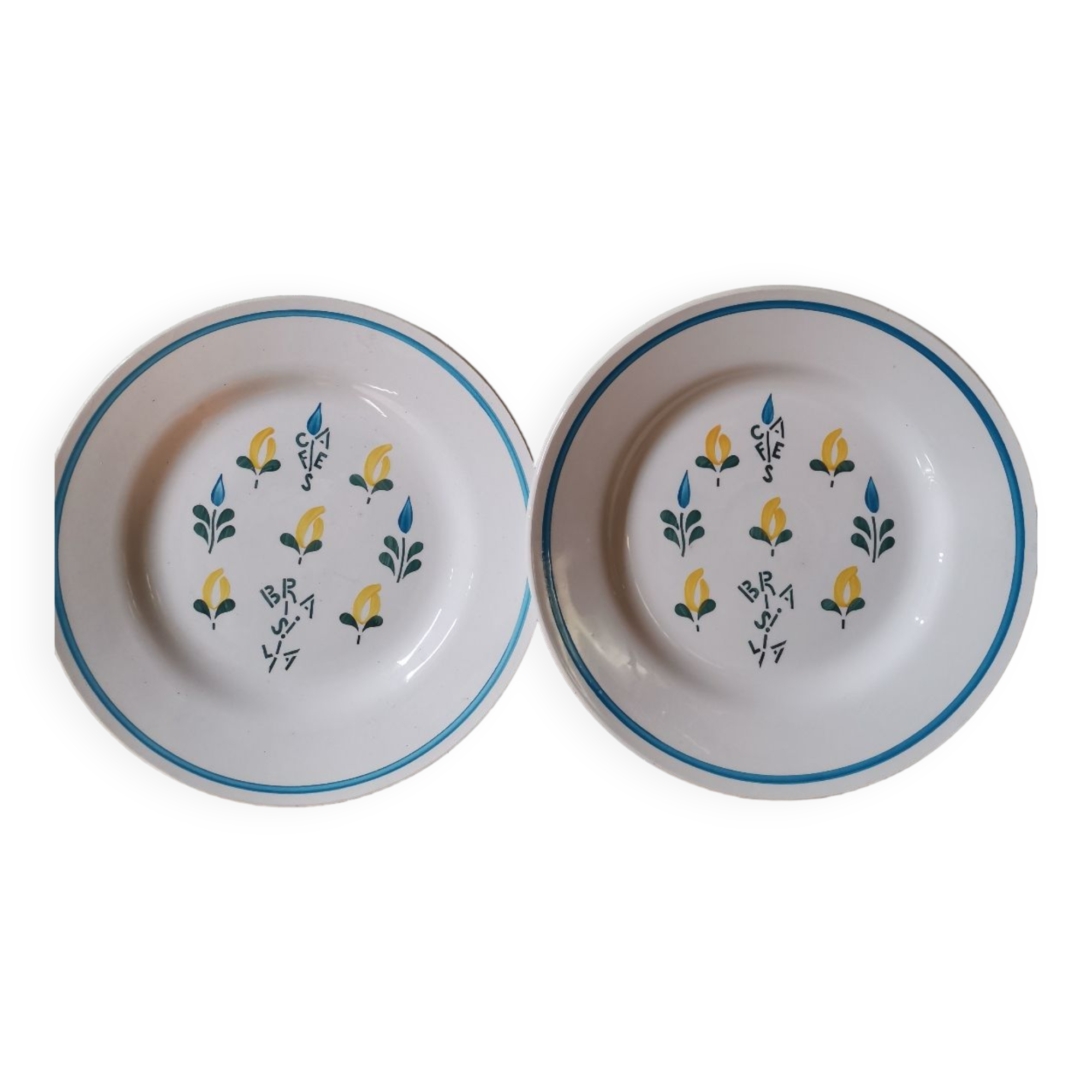 Set of 2 vintage coffee plates Brasilia Sarreguemines Digoin France hand-painted champfleury pattern