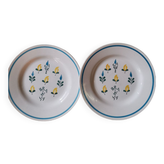 Lot de 2 assiettes vintage cafés Brasilia Sarreguemines Digoin France peint main motif champfleury