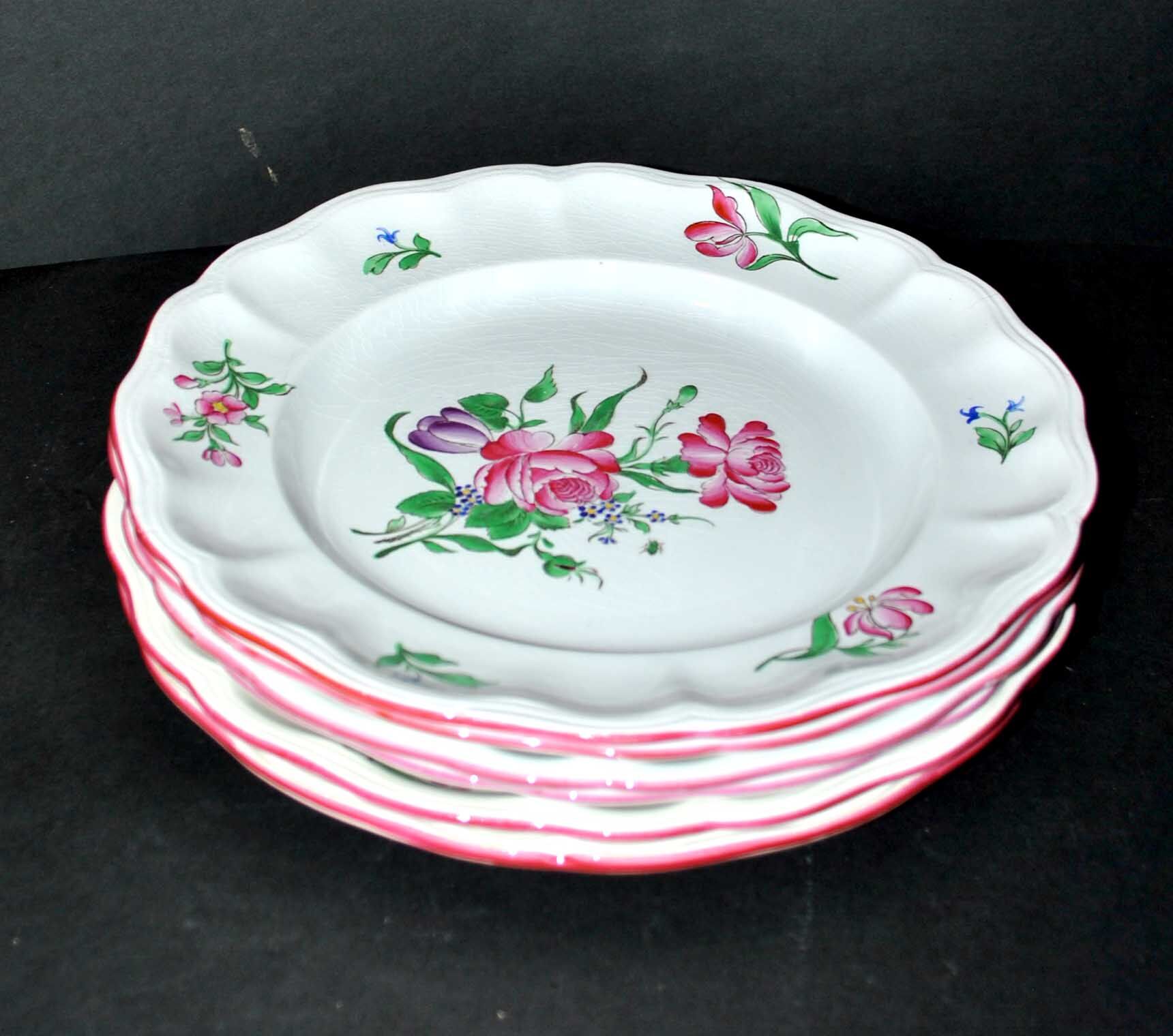 Set of 6 flat plates in Lunéville earthenware - Lamppost model with painted roses