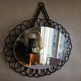 Vintage sun mirror in 60s rattan with rattan fastener 57x40cm