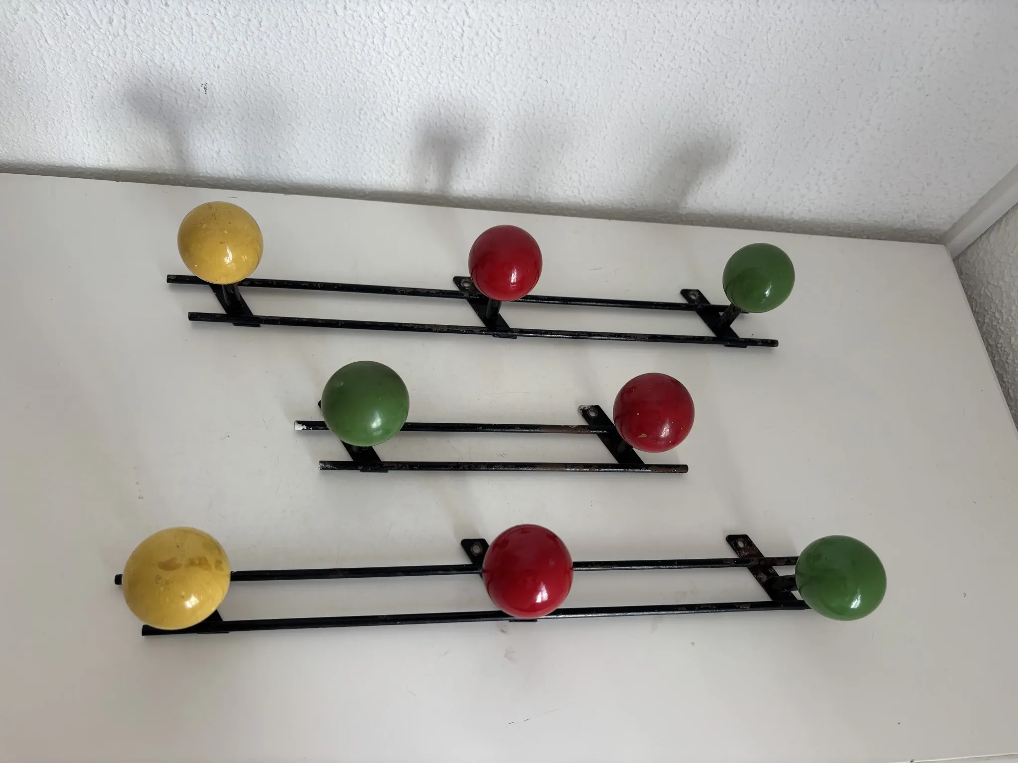 Vintage 1960s tricolour coat rack trio with 3 ball hooks - 45 x 6 / 2