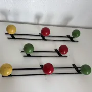 Vintage 1960s tricolour coat rack trio with 3 ball hooks - 45 x 6 / 2