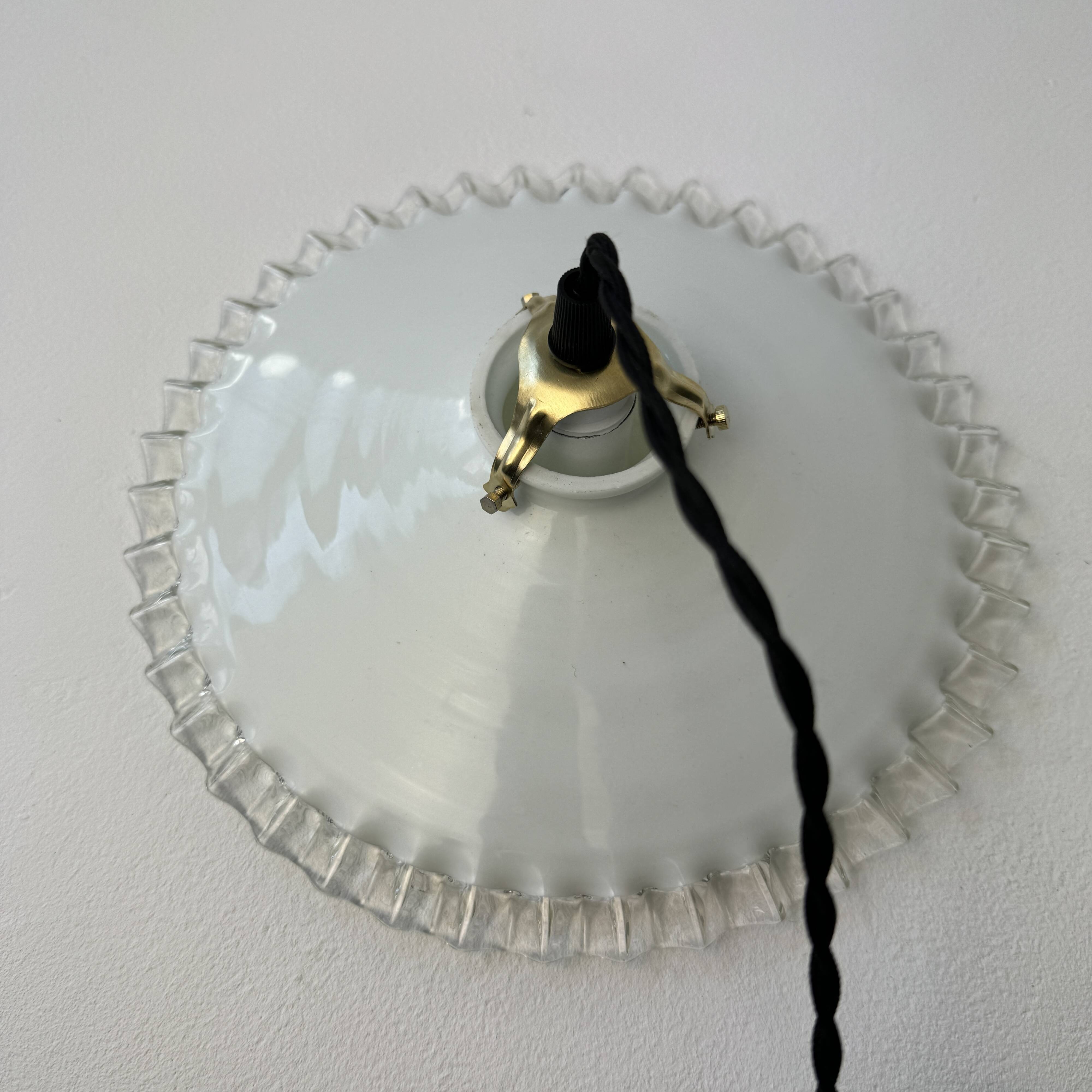 Vintage opaline glass pendant light with scalloped edges, 24 cm