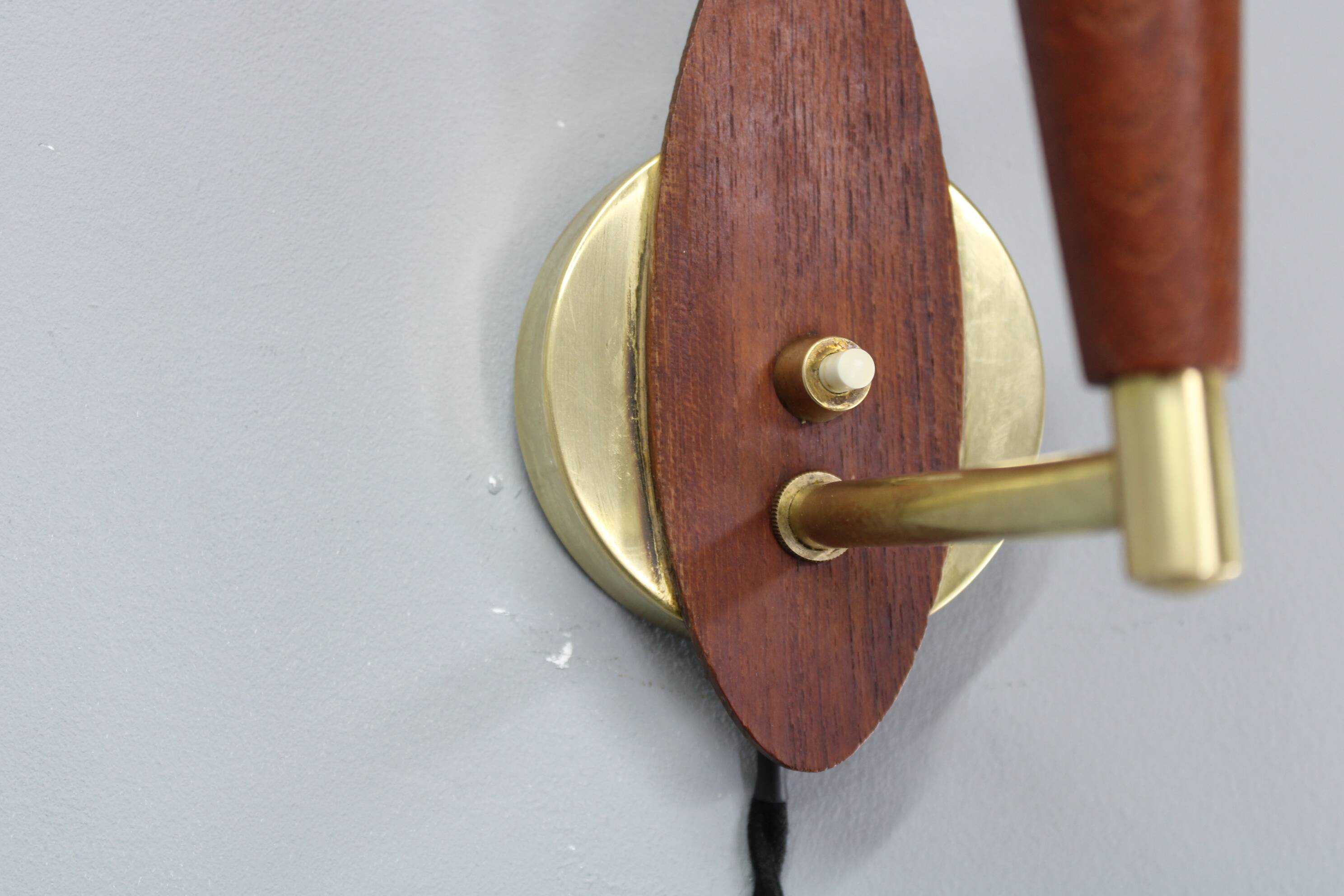 Mid-century Danish teak and brass wall lights, pair, 1960s
