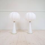 Pair of mid-century opaline glass table lamps with cotton shades by Bergboms, Sweden, 1960.
