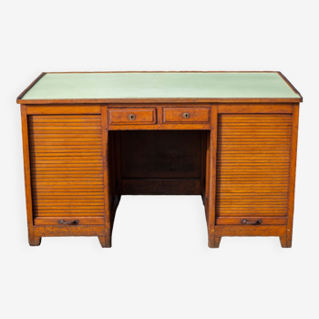Wooden desk with curtains and sliding drawers, storage unit, vintage desk