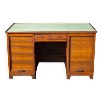 Wooden desk with curtains and sliding drawers, storage unit, vintage desk