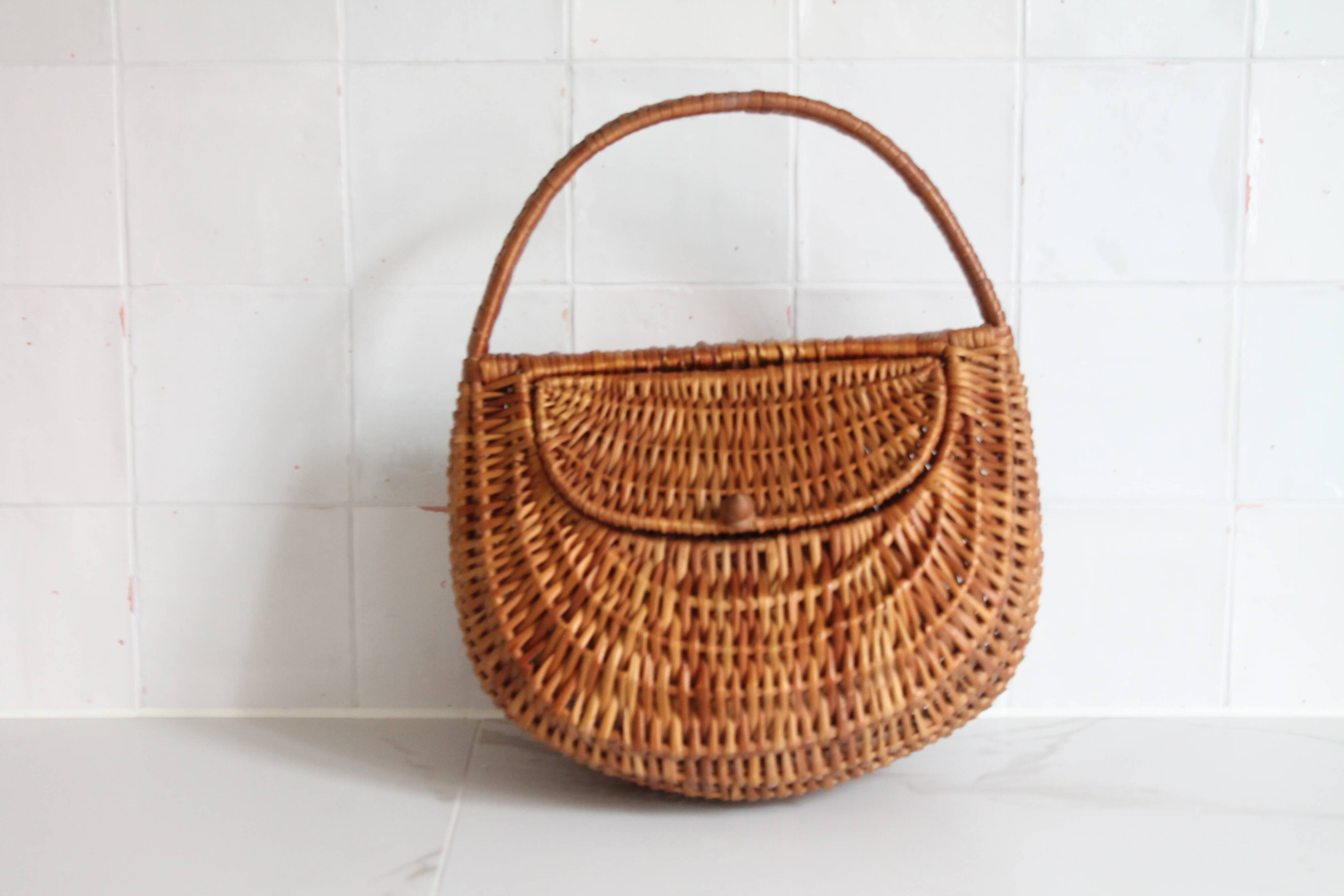 Unique antique French handmade rattan basket