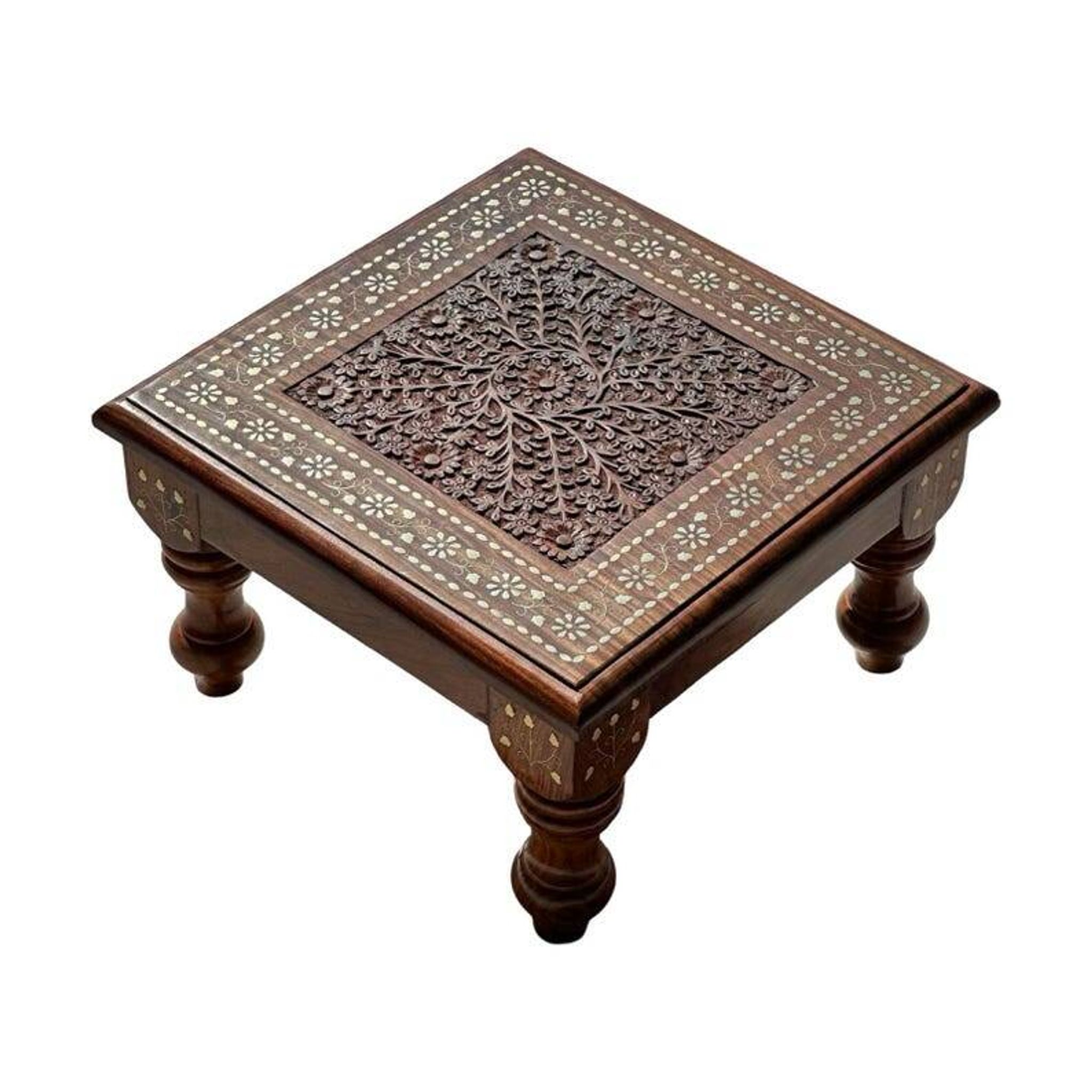 Table basse Chowki artisanal en bois de Sesham 15 x 15 po