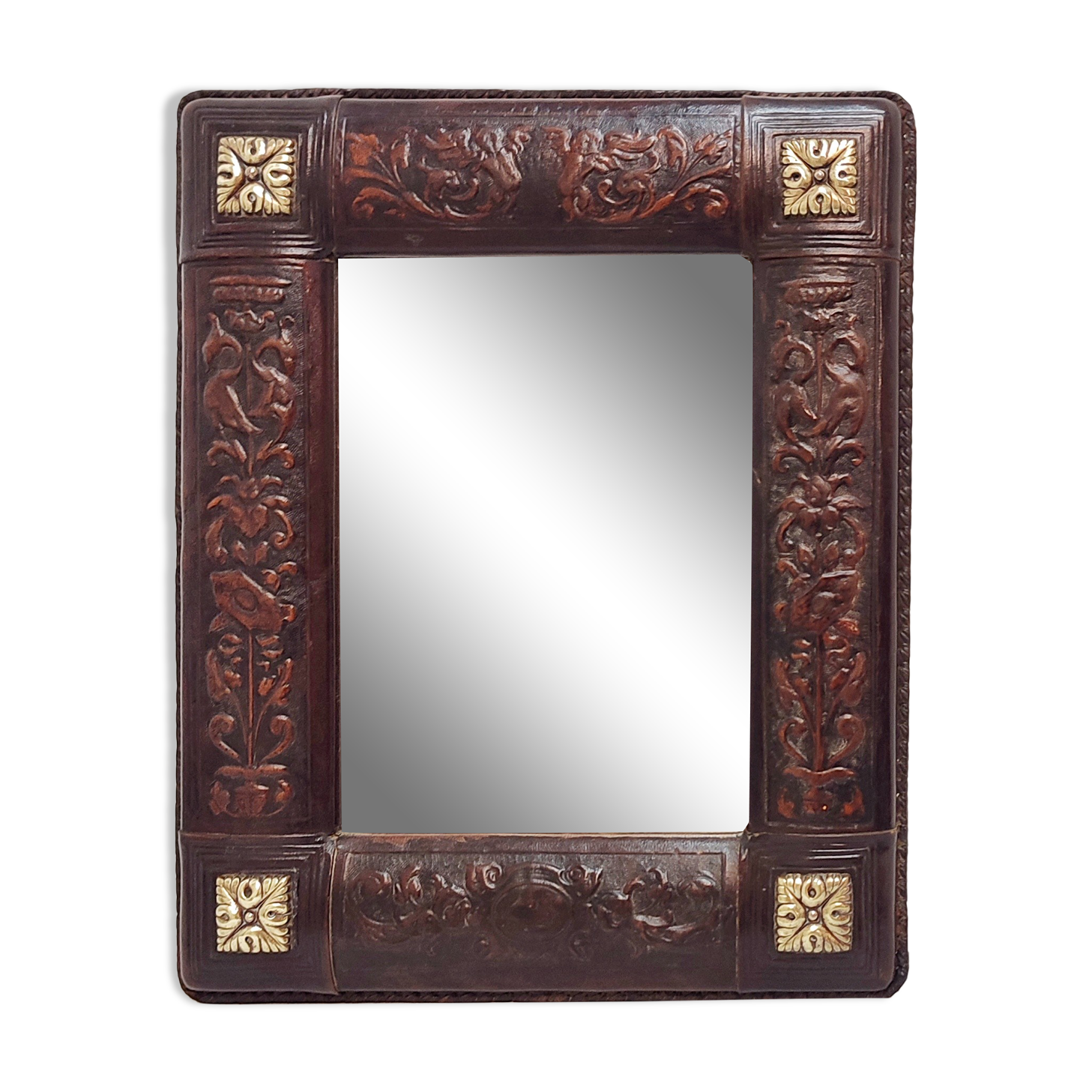 Table mirror embossed leather and bronze, Spain, 1940s