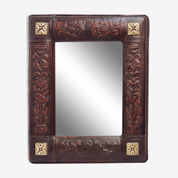 Table mirror embossed leather and bronze, Spain, 1940s