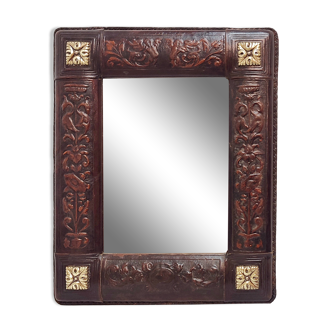 Table mirror embossed leather and bronze, Spain, 1940s