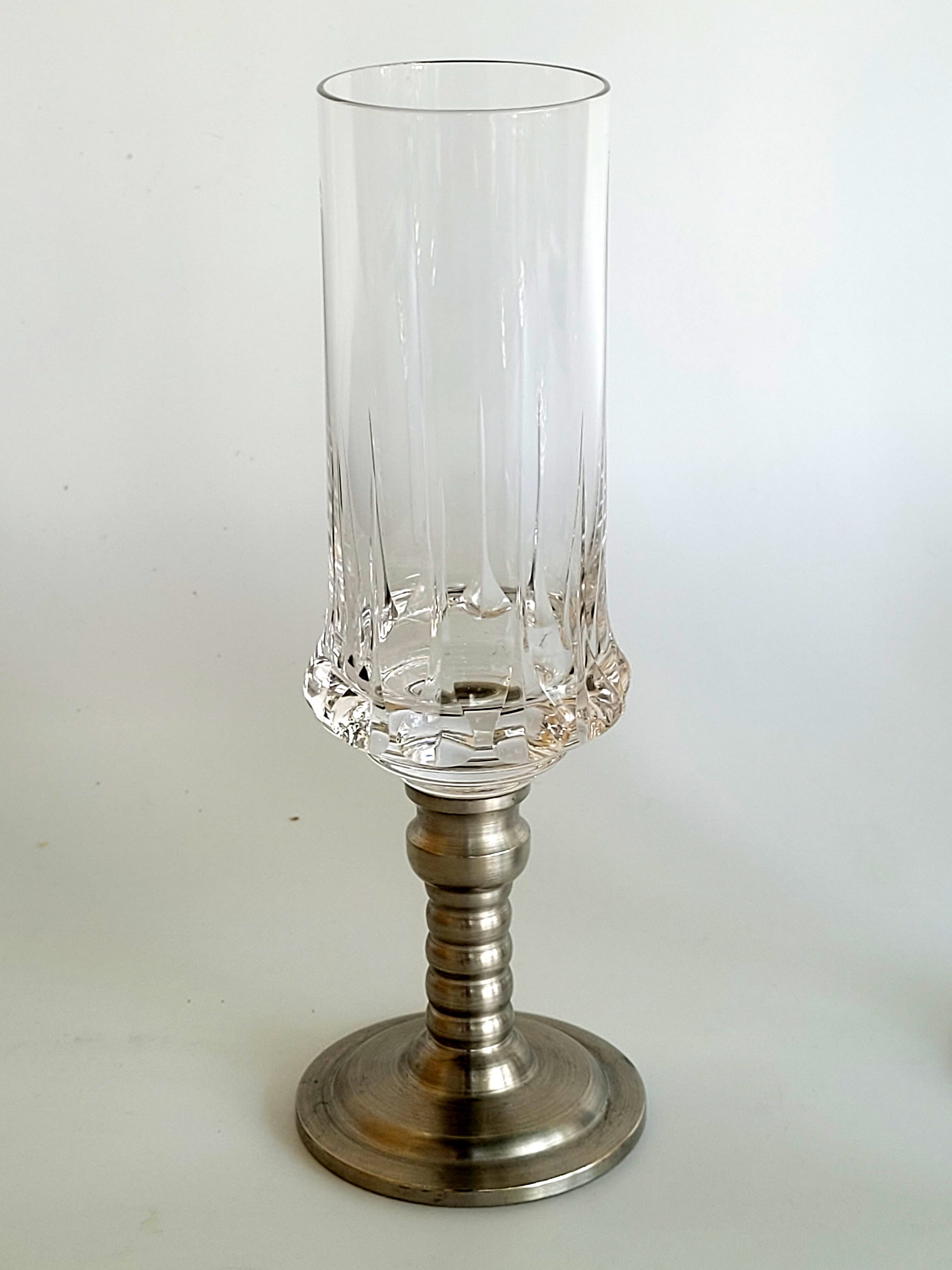 Series of six crystal champagne flute glass with tin foot