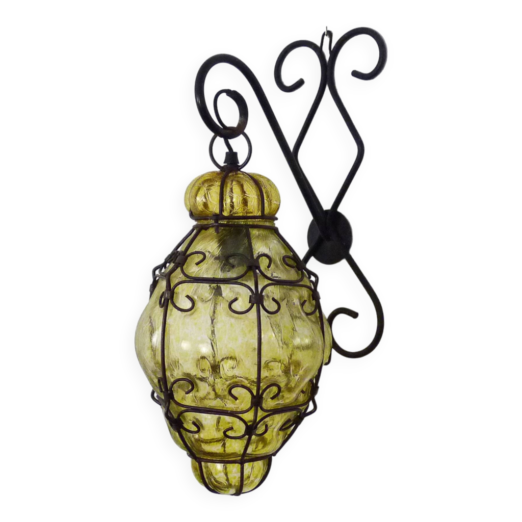 Suspension Lanterne Vintage Années 60 - Verre Jaune épais Soufflé, Fer Forgé Brutaliste