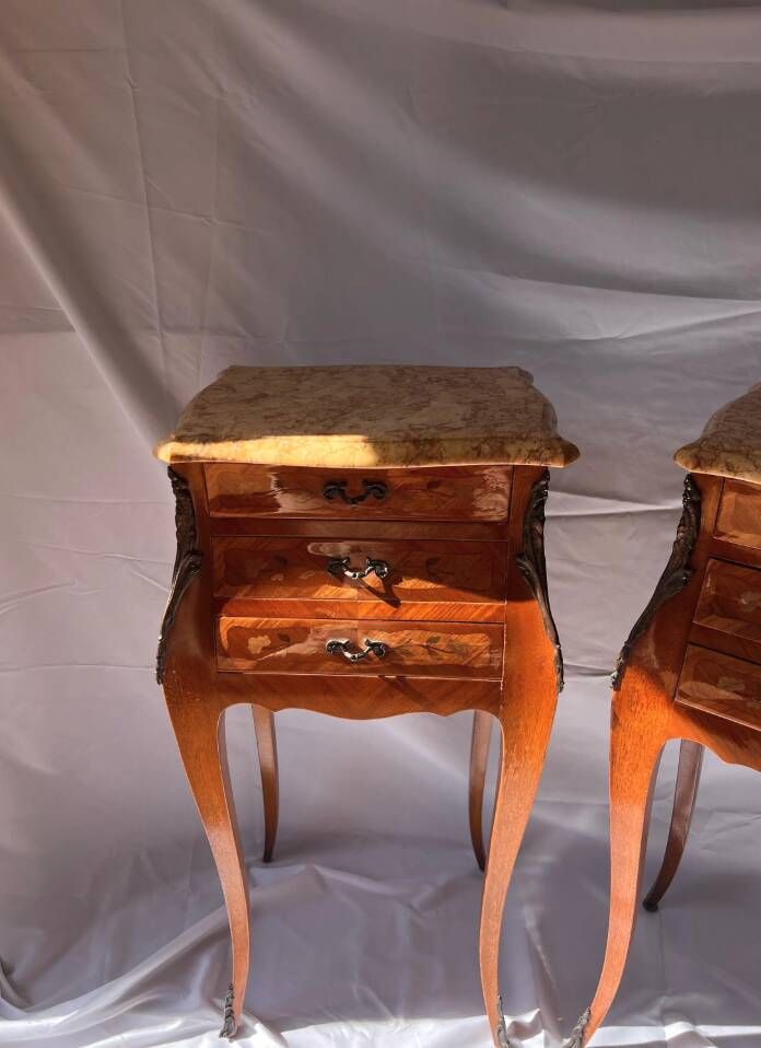 Louis XV Marquetry Bedside Tables, Pair of Vintage French Nightstands