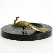 Beautiful, large black granite valet tray featuring a brass peacock, circa