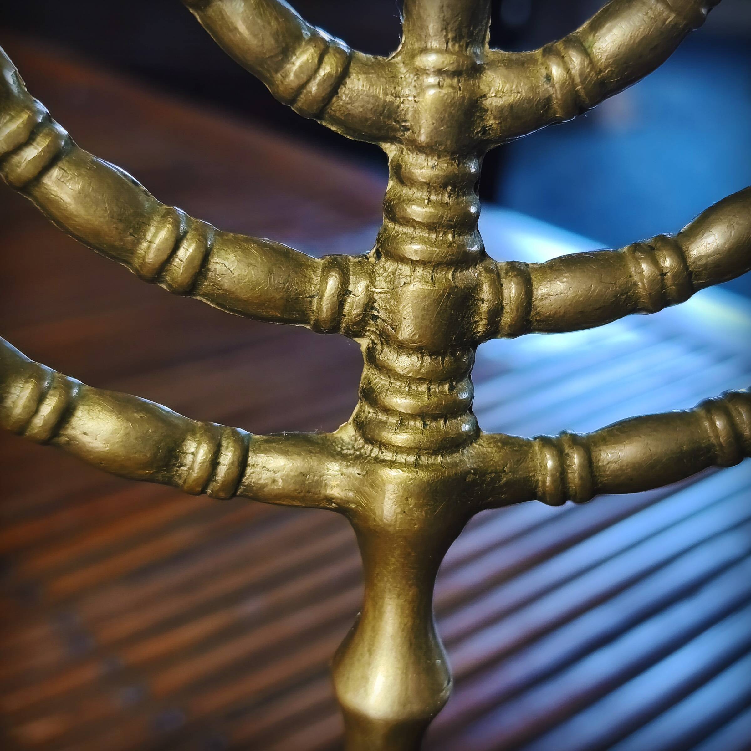 Bronze menorah, 7-branched chandelier, Israel, 1960s