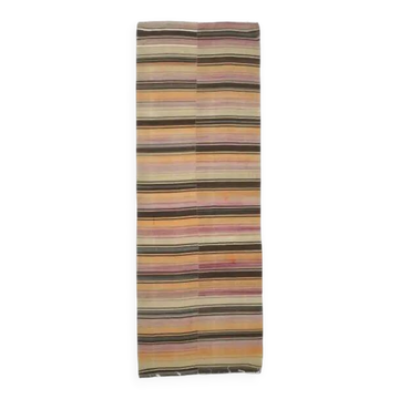 Tapis coureur kilim en laine et coton turc vintage noué à la main orange 127x391