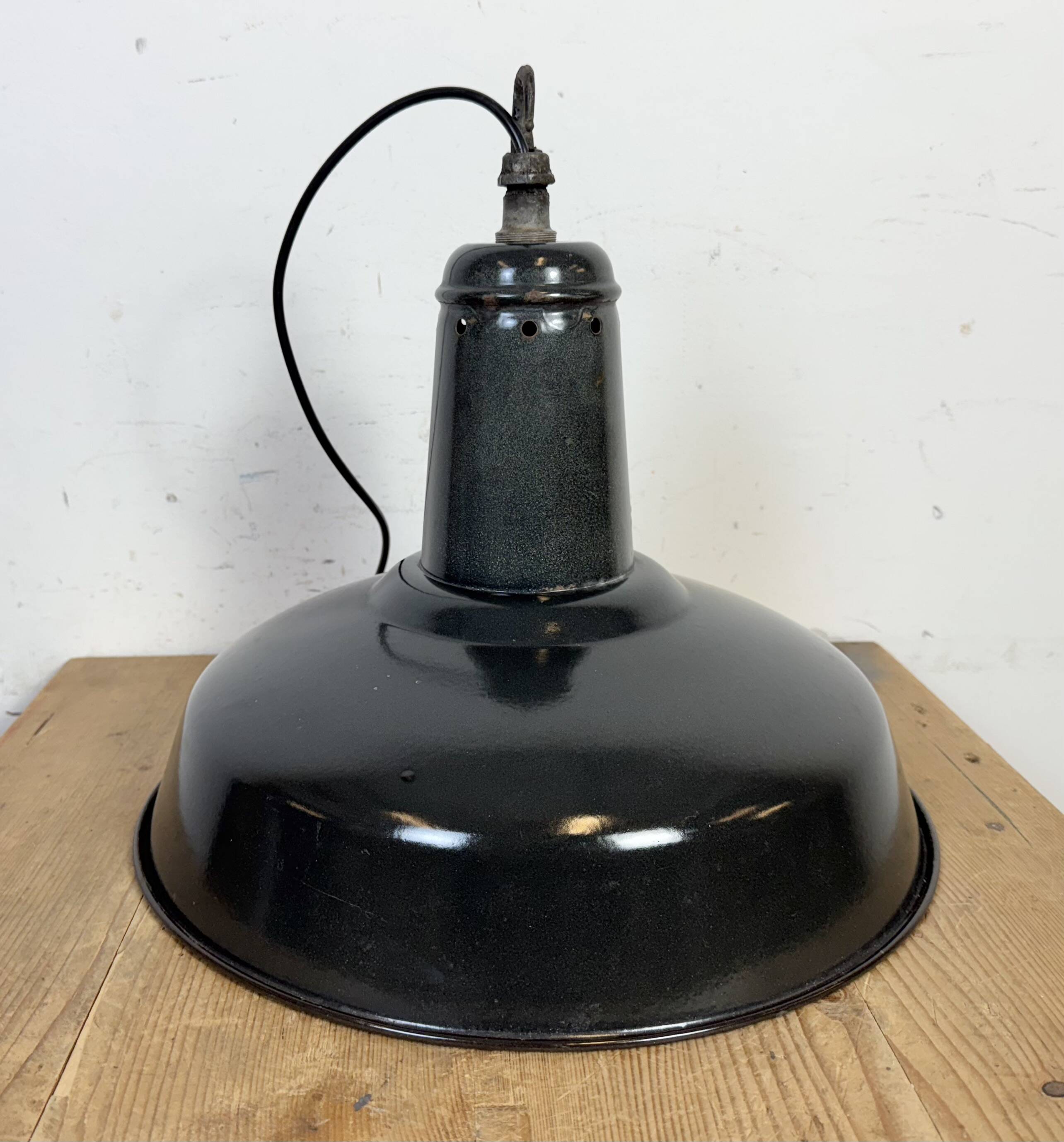Industrial French Dark Grey Enamel Factory Pendant Lamp, 1960s