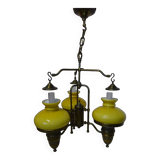 Grand lustre 3 feux en verre, opaline et laiton