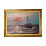 1950's Large Swedish Mid-Century Oil On Canvas " Sailing at Sunset " by Johan Ossian Andersson