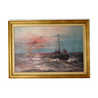 1950's Large Swedish Mid-Century Oil On Canvas " Sailing at Sunset " by Johan Ossian Andersson