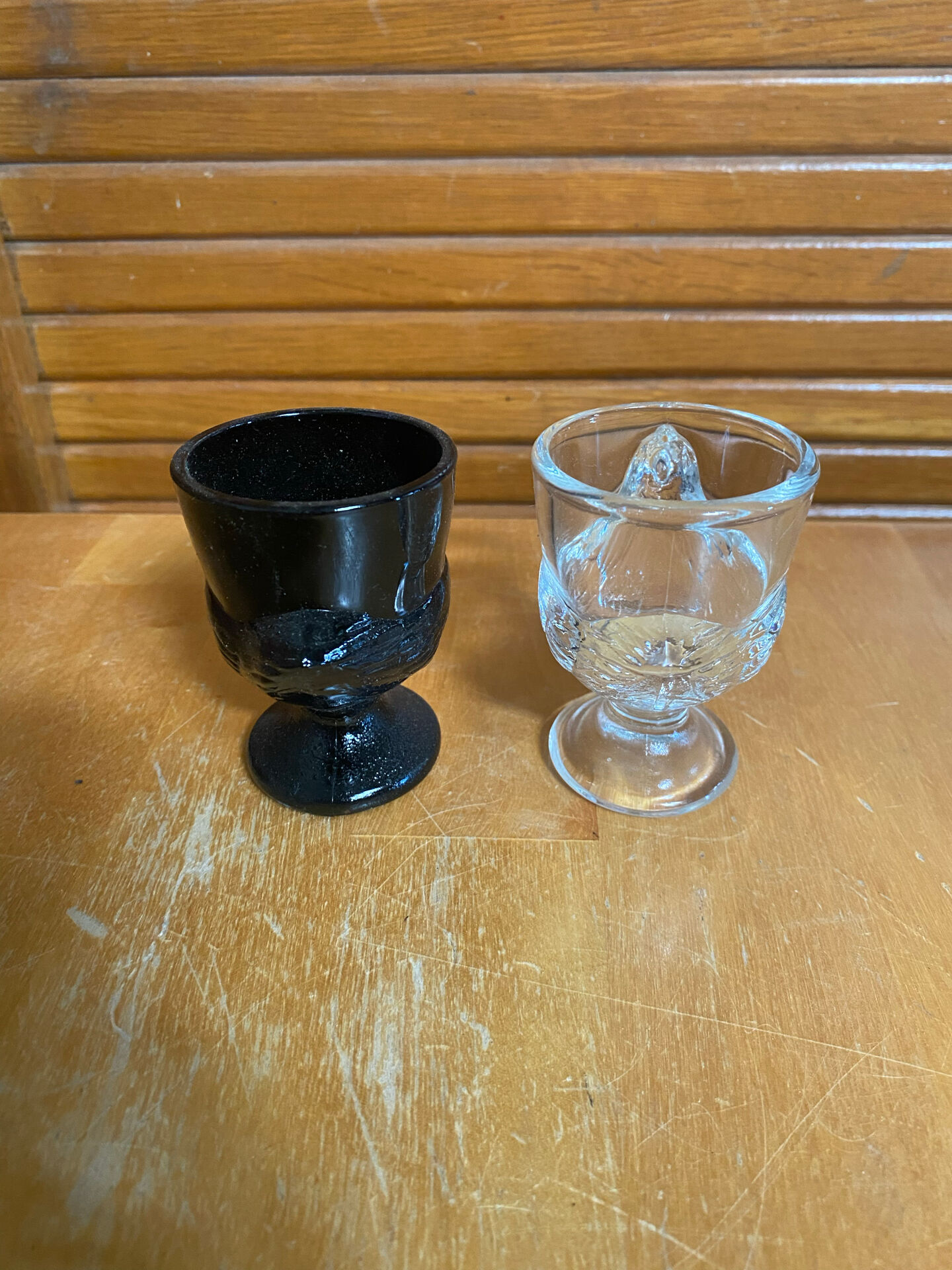 Pair of Antique Egg Cups in Black Opaline and Vintage Moulded Glass