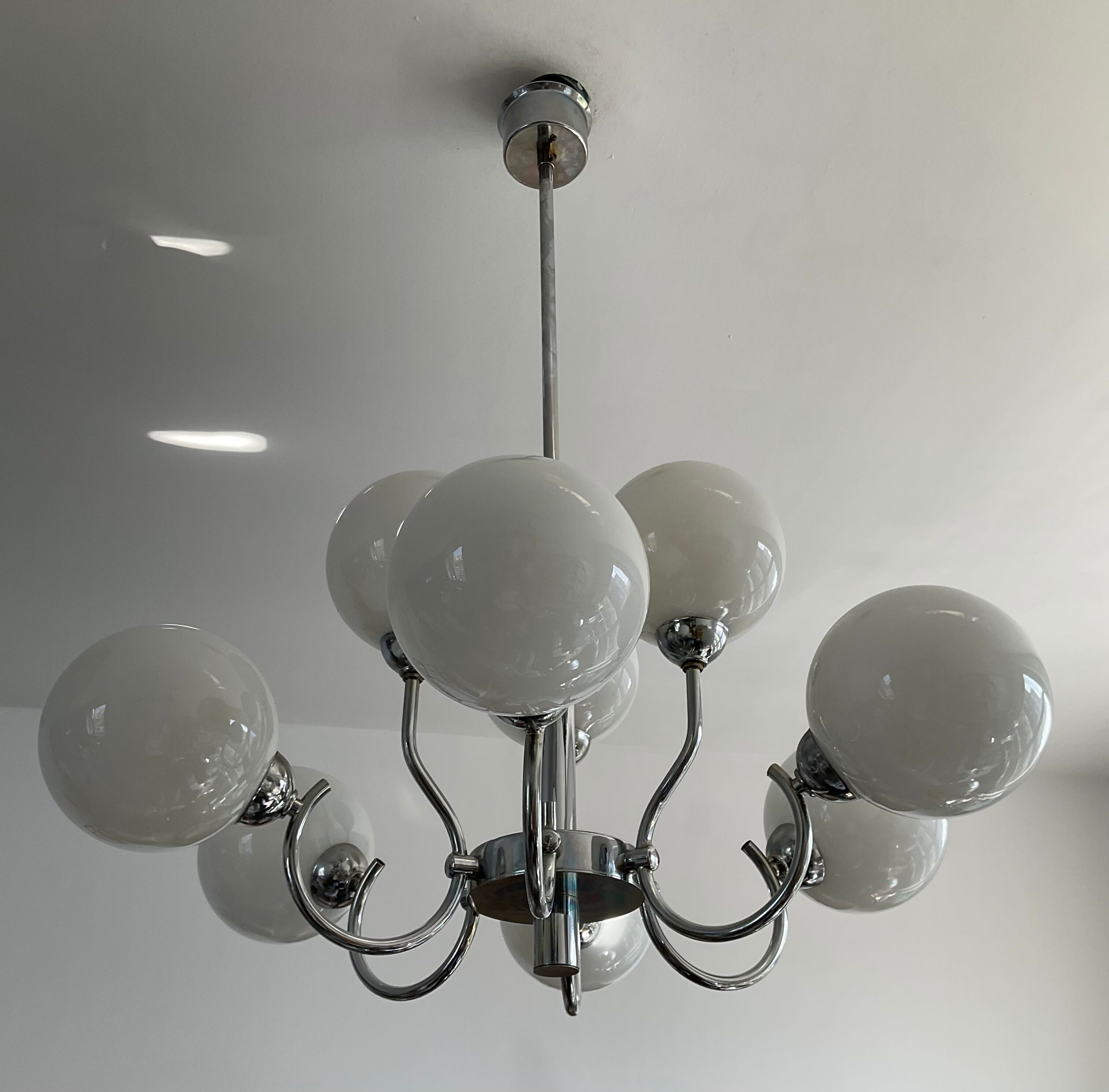 Space age chandelier in opaline and chrome metal
