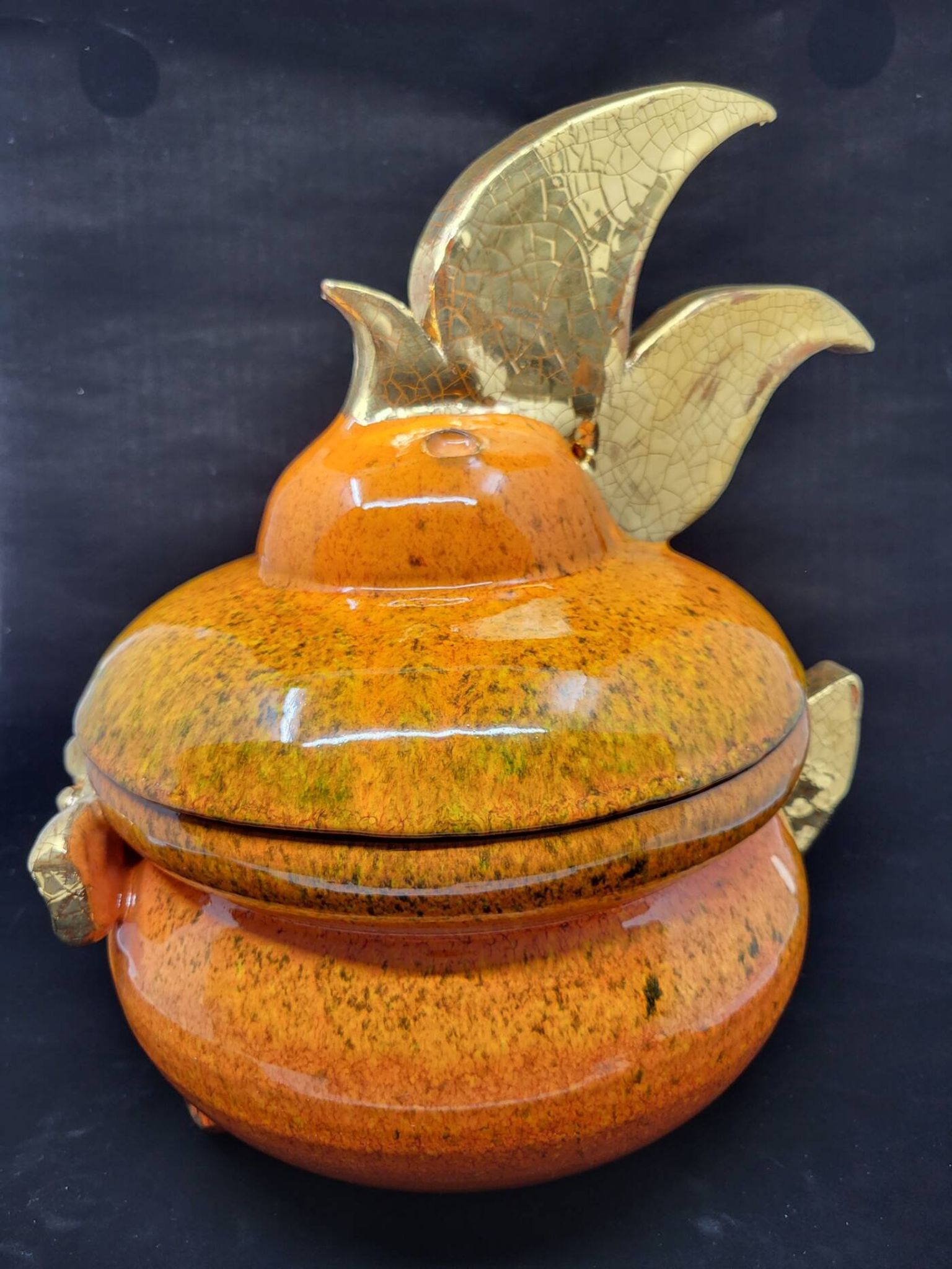 Gérard Crociani soup tureen in orange zoomorphic ceramic French gilded with fine gold Vallauris