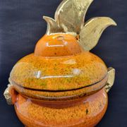 Gérard Crociani soup tureen in orange zoomorphic ceramic French gilded with fine gold Vallauris