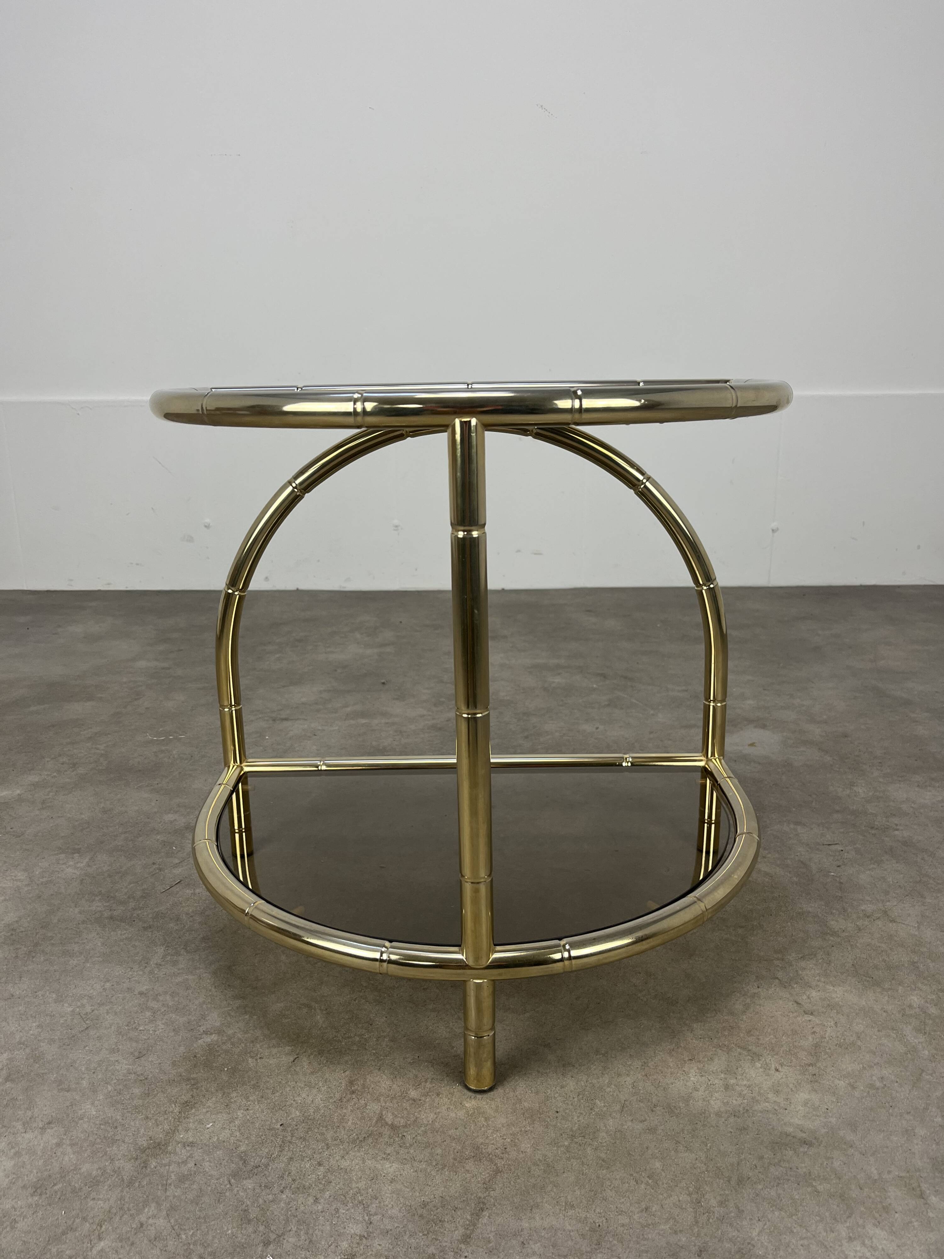 Hollywood Regency bamboo side table, gold and smoked glass, 70s