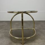 Table d'appoint bambou Hollywood Regency, dorée et verre fumé, 70's