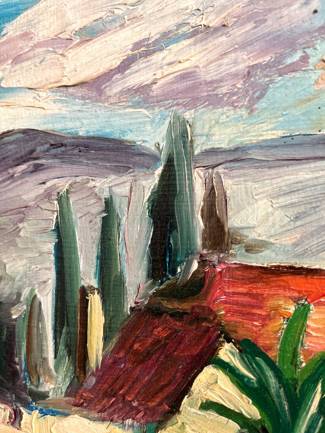 Old oil painting on panel exotic expressionist landscape signed