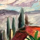 Old oil painting on panel exotic expressionist landscape signed
