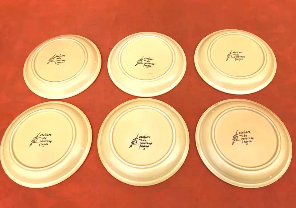 1960s 6 dessert plates Ateliers du Revernay France Matte stoneware Floral decoration