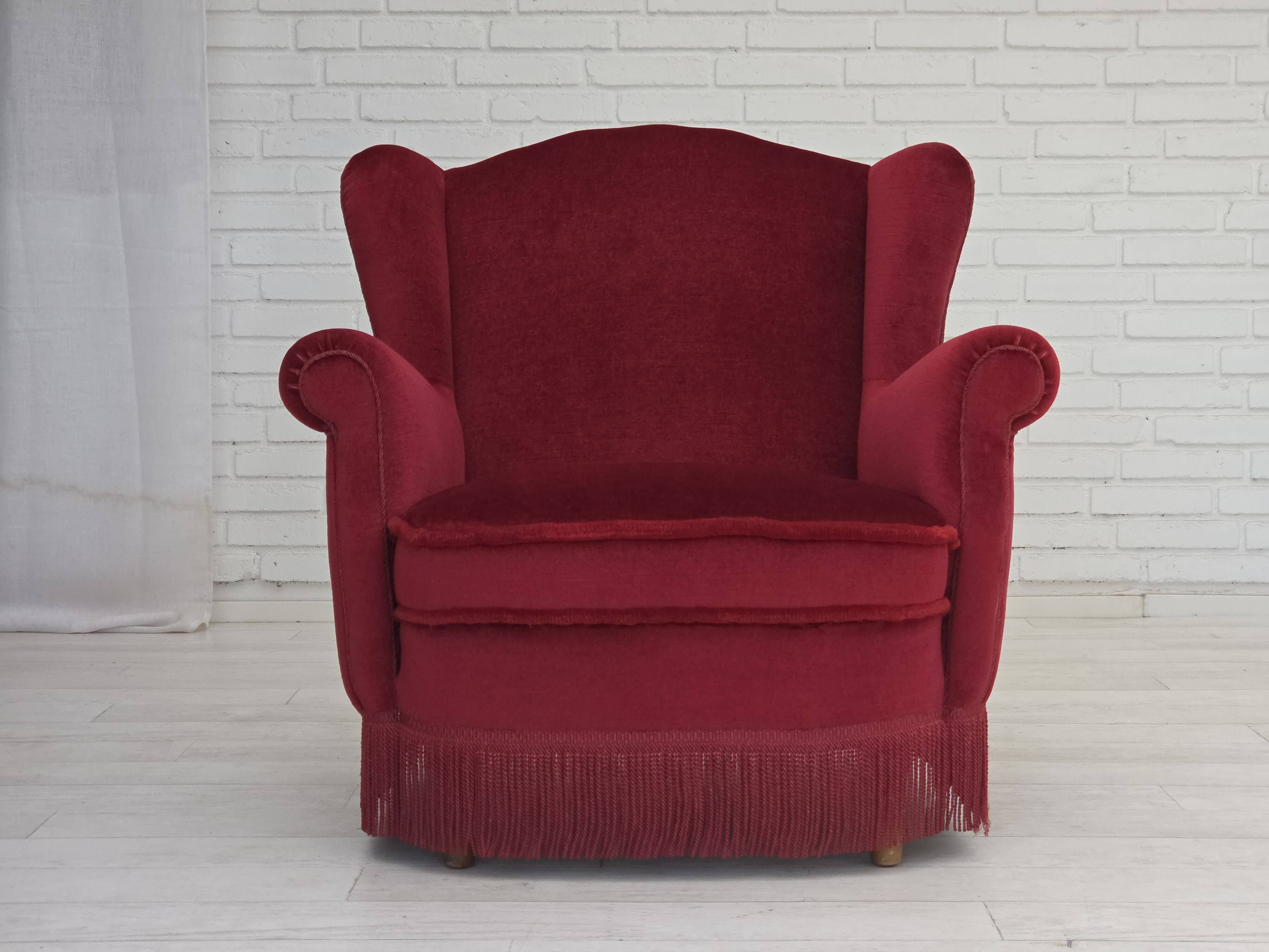 1960s, Danish armchair, red furniture velour, beech wood legs.