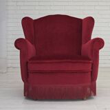 1960s, Danish armchair, red furniture velour, beech wood legs.