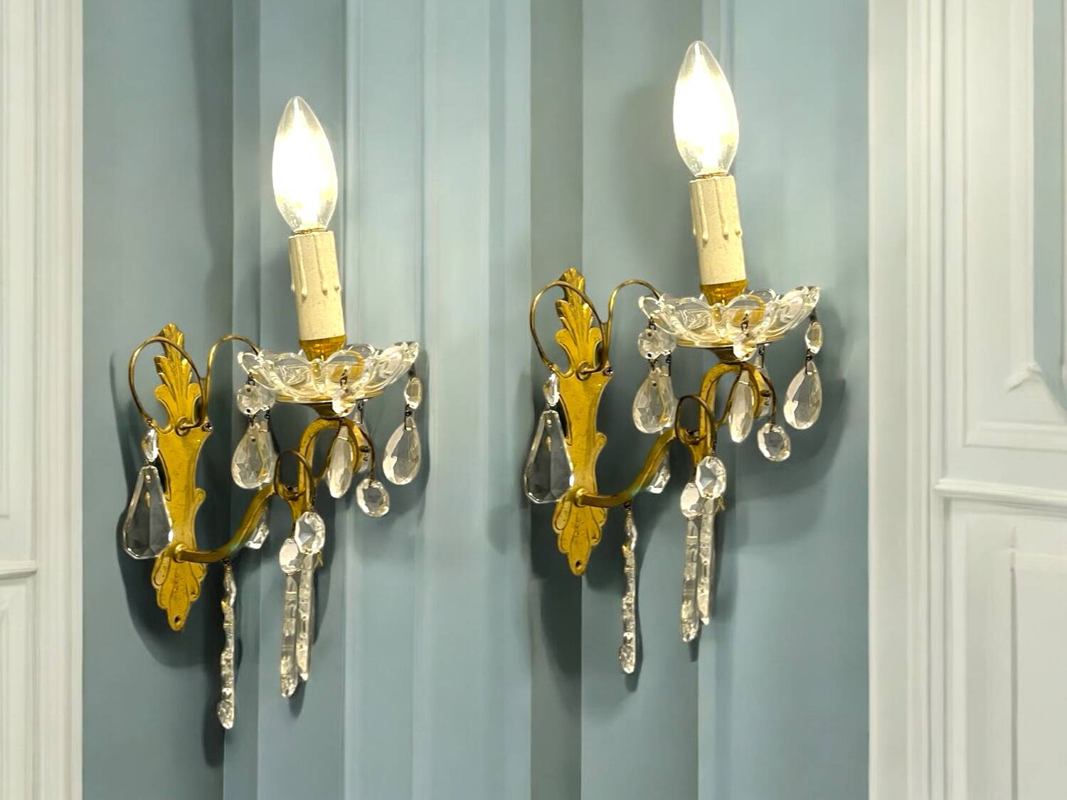 Brass Crystal Sconces Set of 2 1950’s