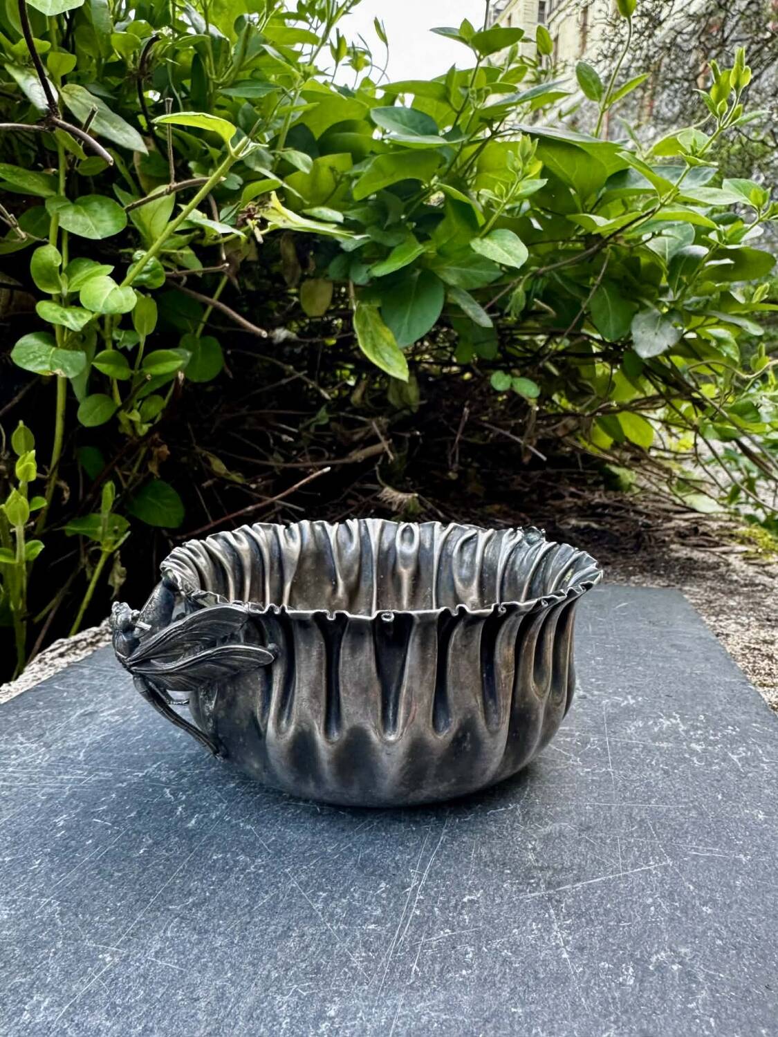 Silver fruit bowl with dragonflies Art Nouveau