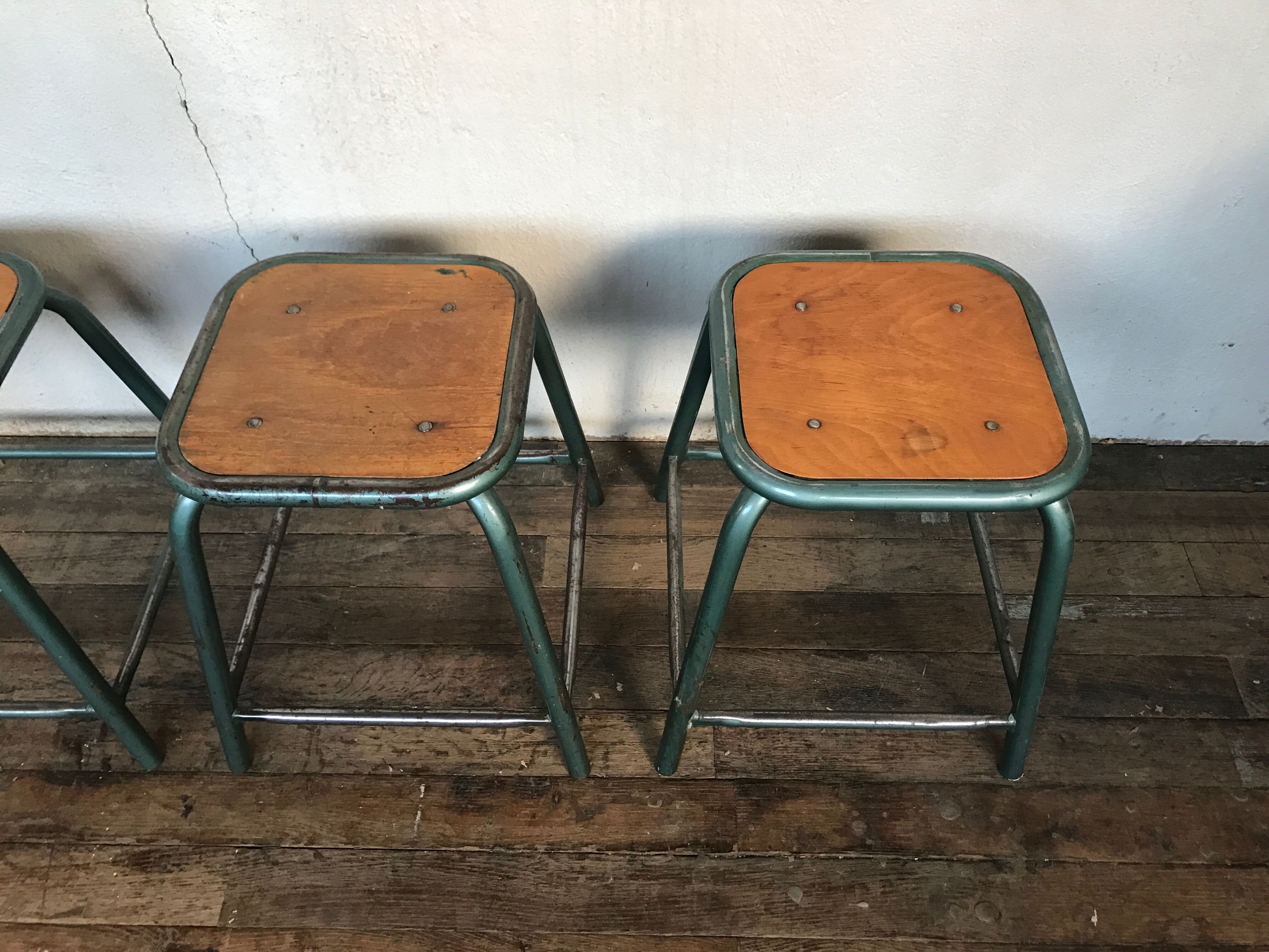 4 vintage green patina effect industrial deco 1950-60 school stools