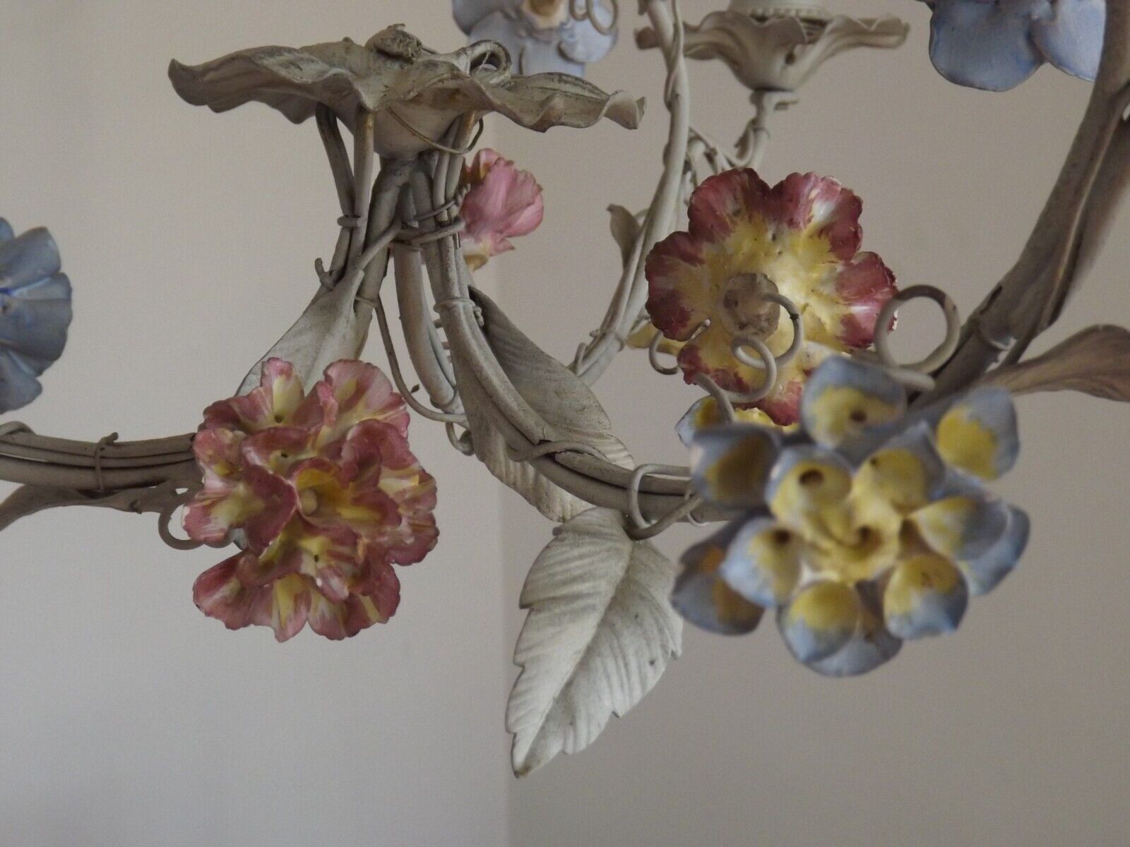 Italian tole ware 3 light cage chandelier with porcelain flowers