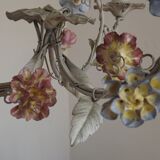 Italian tole ware 3 light cage chandelier with porcelain flowers