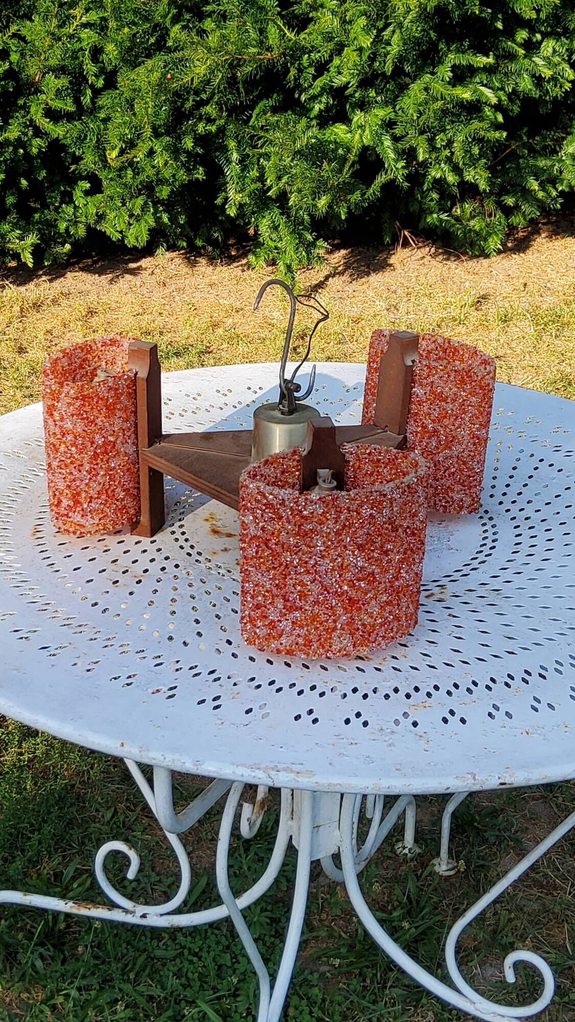 70s Scandinavian style chandelier in wood and orange granite resin 3 lights