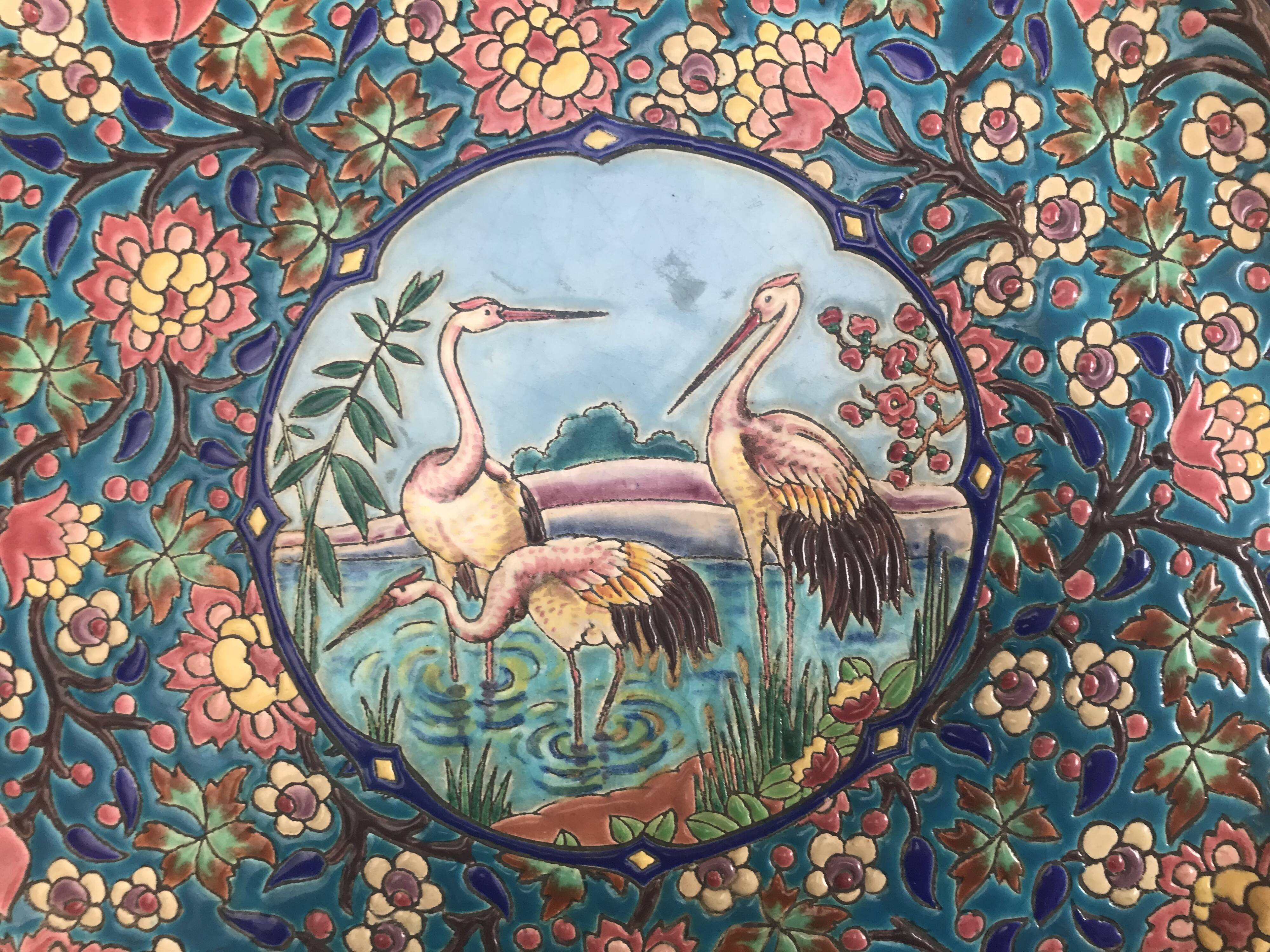 Decorative plate flowers and storks Enamels of Longwy
