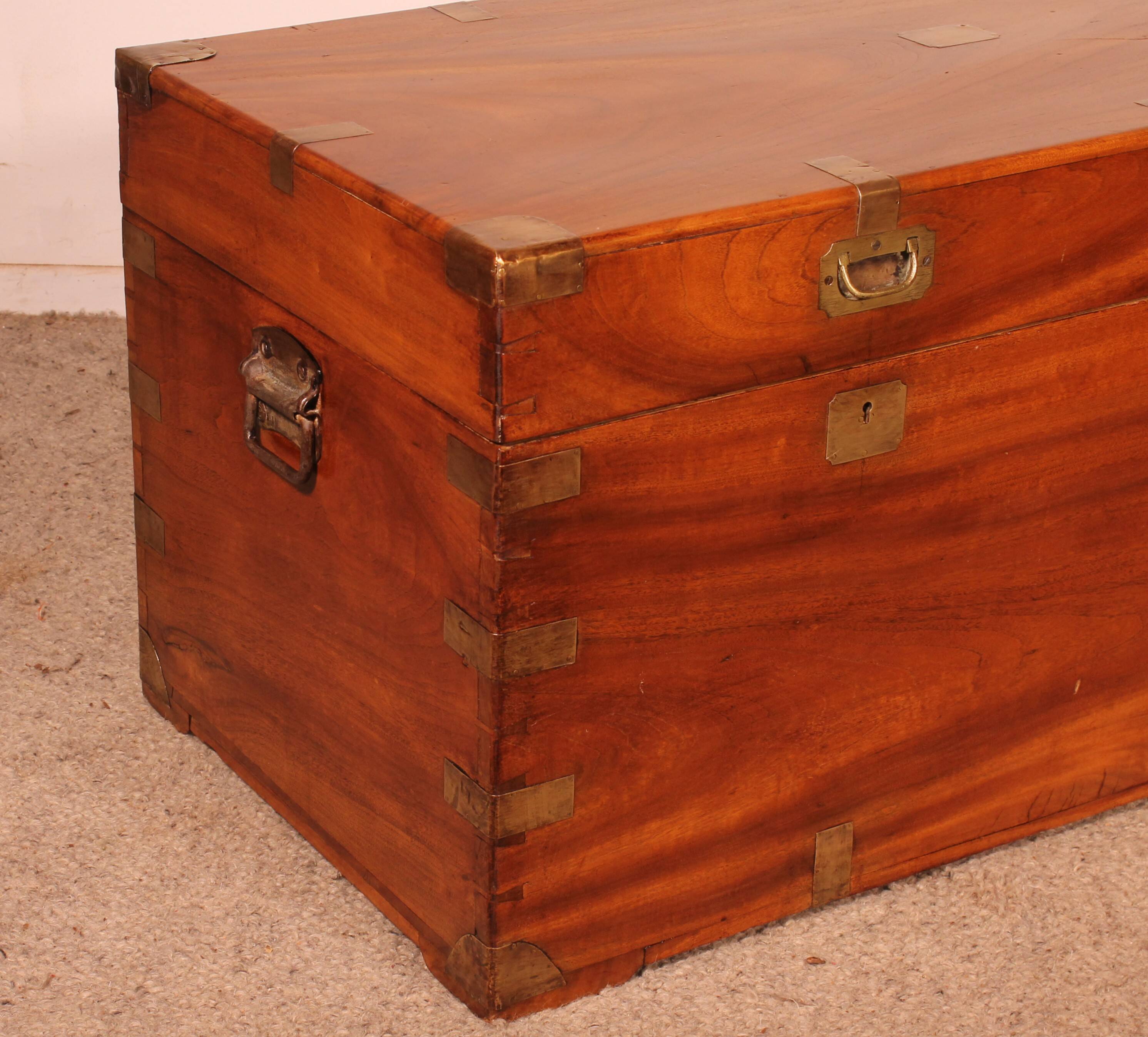 19th-century camphor wood marine chest with double locks and tray in