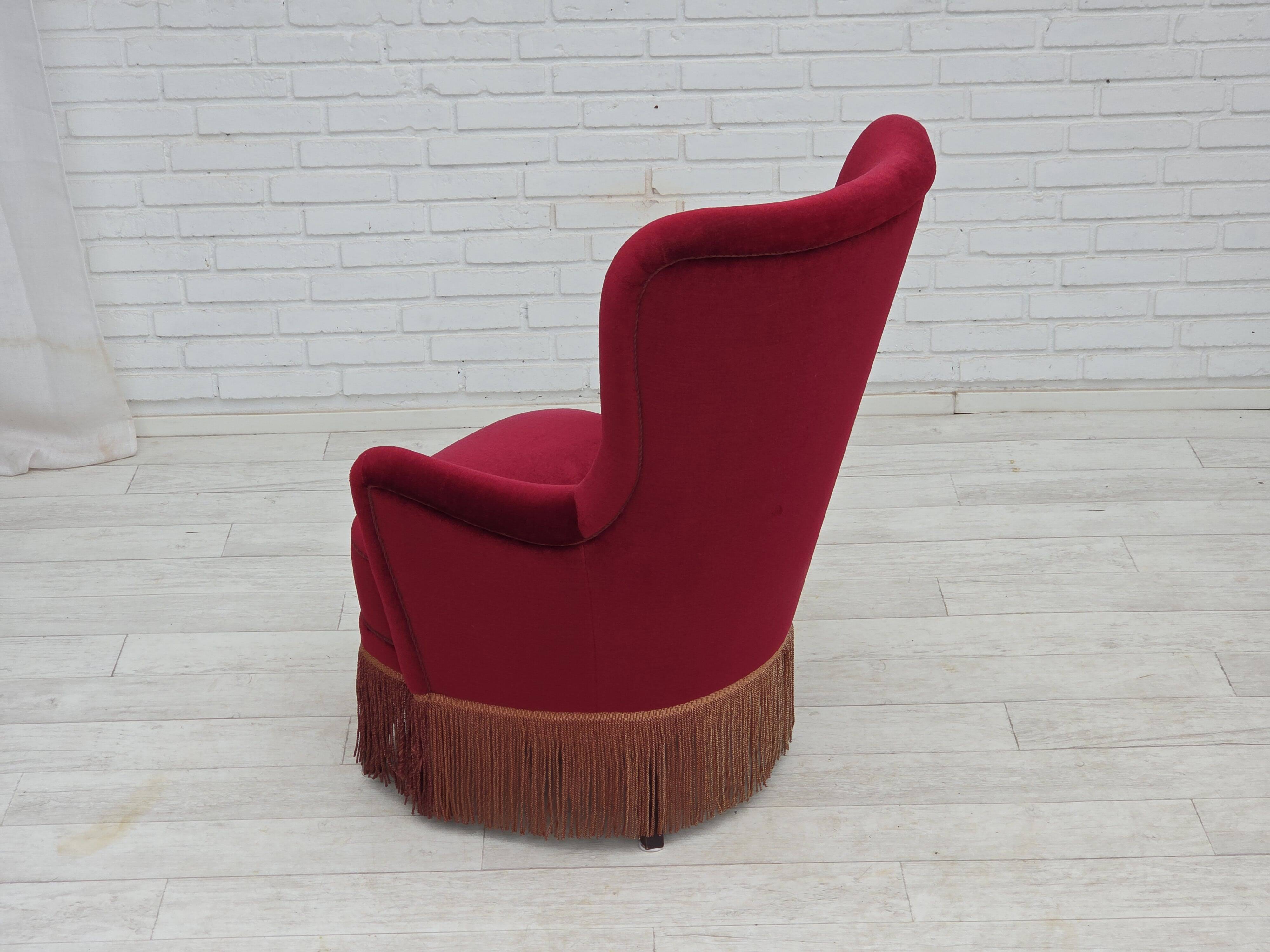1970s, Danish highback armchair, red furniture velour, beech wood.