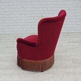 1970s, Danish highback armchair, red furniture velour, beech wood.